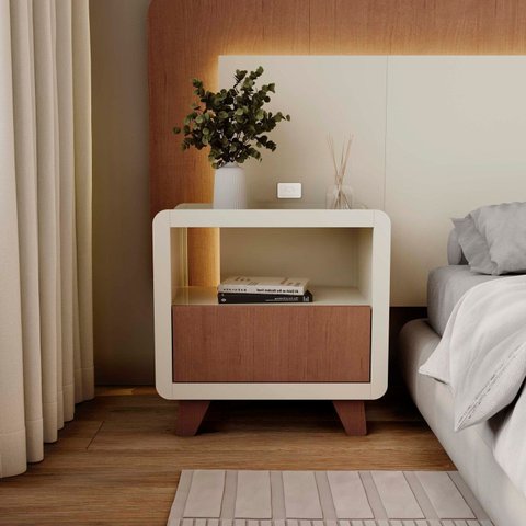 Mesa de Cabeceira 55cm com Gaveta e Nicho 100% MDF Padrão Planejados Mabel Off White