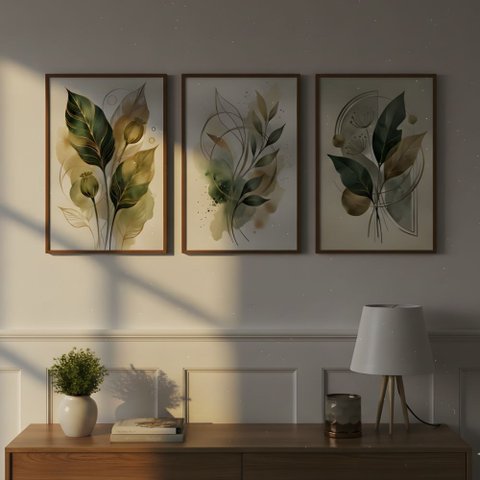 Kit 3 Quadros Folhagem Verde Dourado Aquarela 60x80 Moldura:tabaco