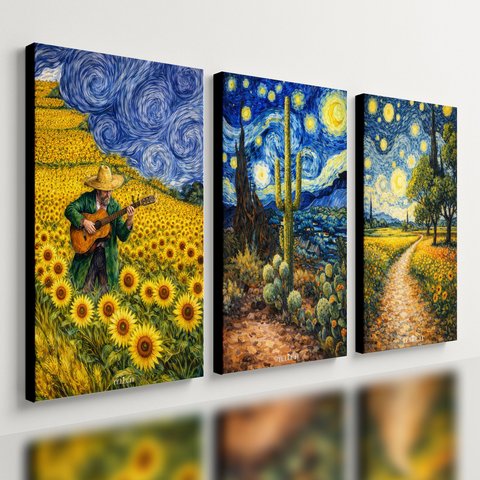Kit3 Quadro Decorativo Pintura Van Gogh Noite Estrelada Sala Moderno Qualidade Premium 28x20cm