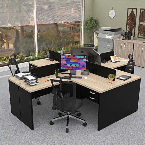 Estação de Trabalho com 4 Escrivaninhas em L Office Preto/Dubai