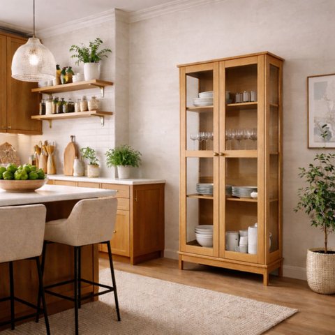 Cristaleira de Vidro 2 Portas Madeira Maciça Marrom Elegante:freijó