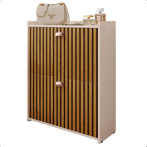 Sapateira Hall Entrada Sapatos 2 Portas Puxador Concha Closet - Off White / Ripado