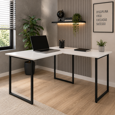 Mesa em L Industrial para Escritório 120x90 cm - Branco