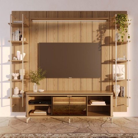 Estante para TV e Home até 75" 100% MDF 254cm Vidro Reflecta Prateleiras LED Lincoln Float Carvalho