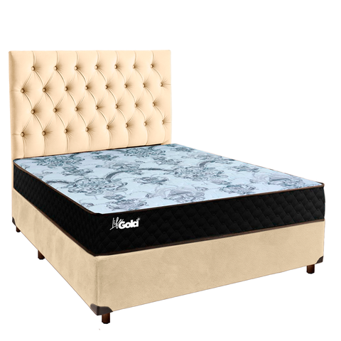Conjunto Cama Box Perola Casal + Colchão Molas Ensacadas Life Gold Paropas + Cabeceira
