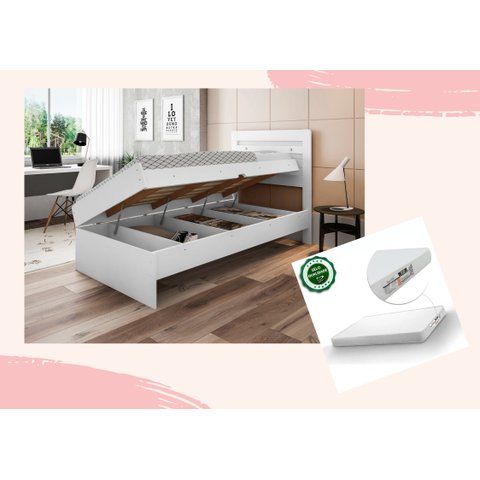 Cama Solteiro Reforçada com Baú e Colchão Solteiro D20 Larissa Mdf/mdp Branca