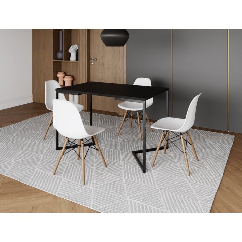 Mesa Industrial Base Ferro Preto em V Tampo 137x90 Preto 4 Cadeiras Eames Madeira Assento Branco