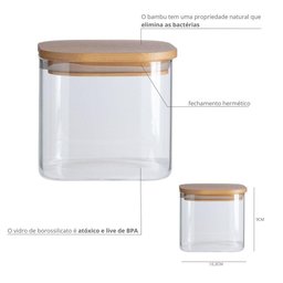 Pote de Vidro com Tampa de Bambu Oikos 600ml Hermético Quadrado - 2