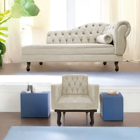 Kit Diva Recamier Diana 160cm Lado Esquerdo e 01 Poltrona Classic Linho - Doce Sonho Móveis RECAMIER
