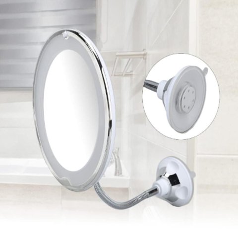 Espelho Maquiagem LED 10X Zoom Iluminado Antiembacante Banheiro Box Parede Mesa Ventosas Barbear Dep