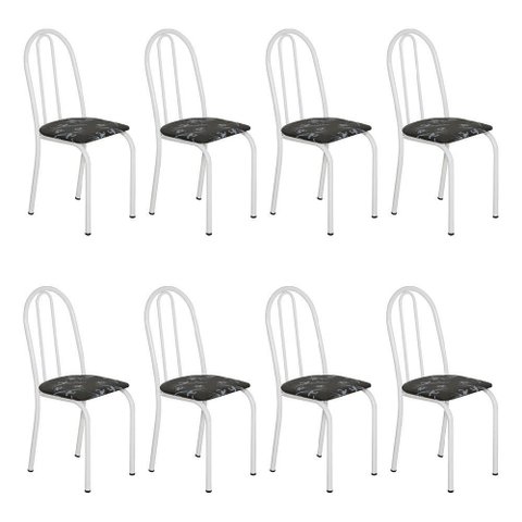 Kit 8 Cadeiras de Cozinha Califórnia Estampado Preto Florido Pés de Ferro Branco