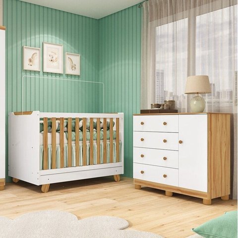 Quarto de Bebê com Cômoda 1 Porta e Berço 4 em 1 Minicama 100% MDF Mike Espresso Móveis Branco/Brilh