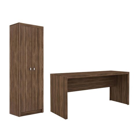 Escritório com Mesa para Computador Simples Gavetas e Armário 2 Portas Nogal - Fdecor