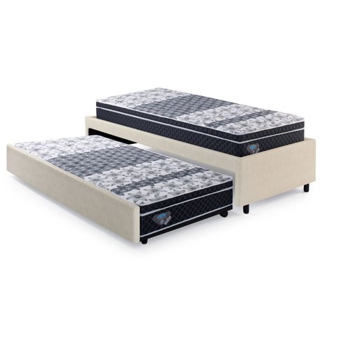 Bicama Box Solteiro Courino Linho Areia 88x188 com Dois Colchões Gransleep Molas Verticoil Ecoflex