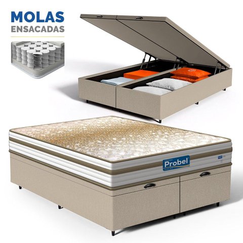Cama Box Baú com Colchão de Molas Ensacadas Double Face Pillow Euro Alfa Probel Queen 158cm