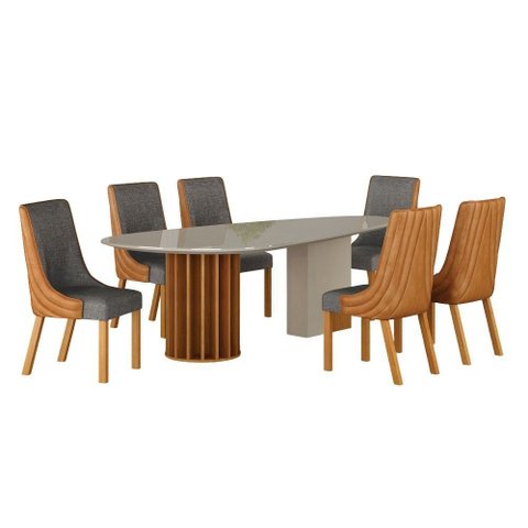 Conjunto Sala de Jantar Mesa Orgânica 200cm 6 Cadeiras Belle com Tampo Vidro Cinamomo/Off White/Sint