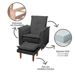 Poltrona Relaxante para Idosos Luna com Puff Suede Cinza Liso Tana Decor Newbelle Decor - 3