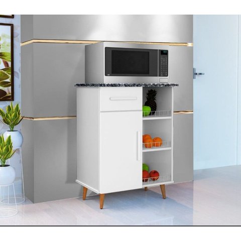 Móvel de Cozinha Cristal Balcão C/ Fruteira C/ e Nicho Micro-ondas Branco Marmorizado
