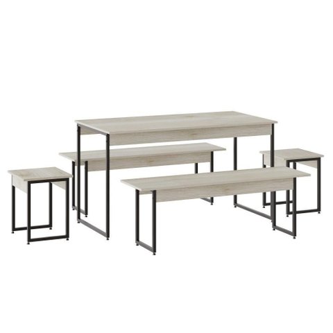 Mesa de Jantar com 2 Bancos e 2 Banquetas Industrial Tub Snow / Est.preta