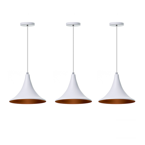kit 3 Lustre Pendente Interno Balcão Chapéu Chines 23cm: Branco com Cobre