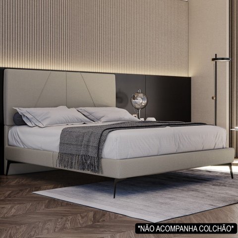 Cama Casal com Cabeceira 145cm Pés Metálicos Elisa S05 Linho Bege - Mpozenato