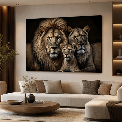 Quadro Decorativo Leão Família Filhote Sala em Canvas 130x90