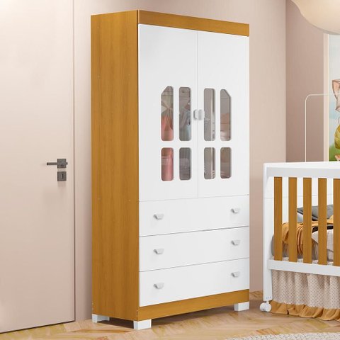 Guarda Roupa Infantil New Katatau 2 Portas e 3 Gavetas Branco Fosco/savana - Reller Móveis