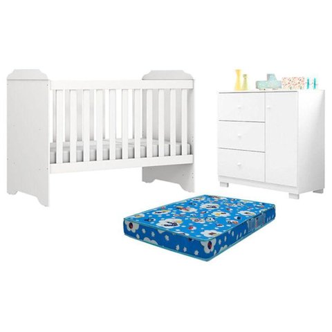 Berço Americano Mini Cama Mel e Cômoda Infantil Duda Branco Brilho Colchão - Phoenix Baby