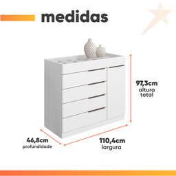 Cômoda 5 Gavetas com Porta Joias Organizador Tampo de Vidro Sevilha Aramóveis - 3