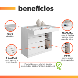 Cômoda 5 Gavetas com Porta Joias Organizador Tampo de Vidro Sevilha Aramóveis - 4