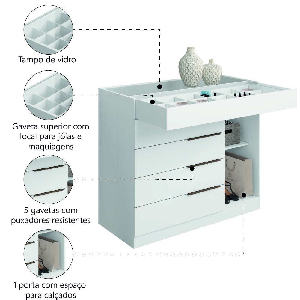 Cômoda 5 Gavetas com Porta Joias Organizador Tampo de Vidro Sevilha Aramóveis - 3