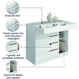 Cômoda 5 Gavetas com Porta Joias Organizador Tampo de Vidro Sevilha Aramóveis - 3
