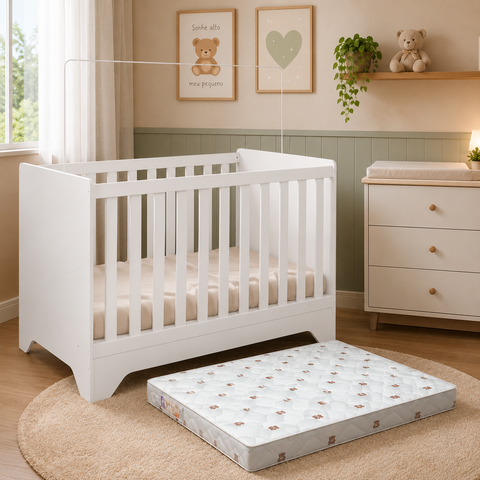 Kit Berço Bebê Peroba Popy Retro Branco + Colchão Incluso