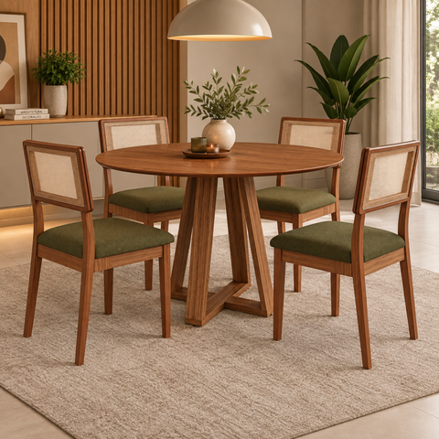 Conjunto Mesa de Jantar Redonda 4 Cadeiras Estofadas Encosto Tela 100% MDF Pinhão/Verde - Dalla Cost