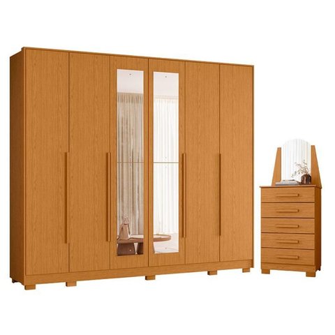 Guarda Roupa Casal Mercure com Espelho 06 Portas e Cômoda New Veneza 05 Gavetas com Espelho