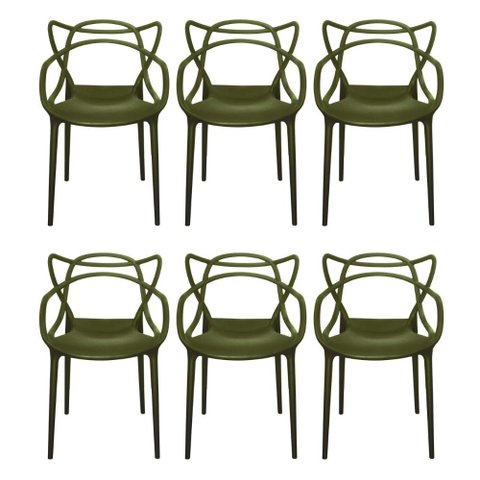 Conjunto 6 Cadeiras Allegra Verde Militar em Polipropileno com Pés de Madeira para Sala de Jantar