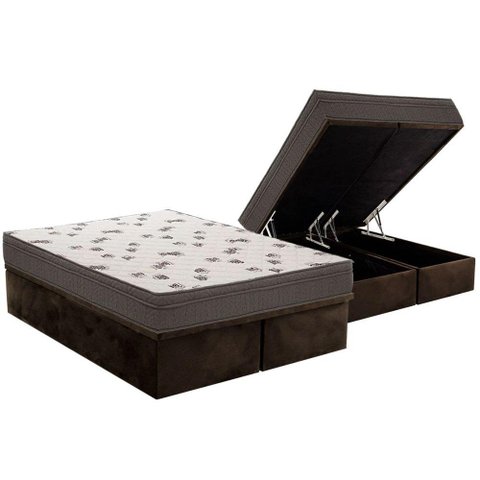 Cama Box Baú Queen: Colchão Espuma Ortobom D45 Light Saúde OrtoPillow + Base CRC Suede Brown(158x198