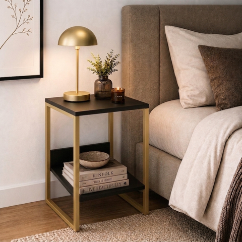 Mesa de Cabeceira Cama Lateral para Quarto Base Ferro Dourado Tampo Preto
