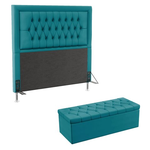 Kit Cabeceira Decorativa Para Cama Box Pegasus e Calçadeira Sagitarius 140 Casal Sued Azul Turquesa 