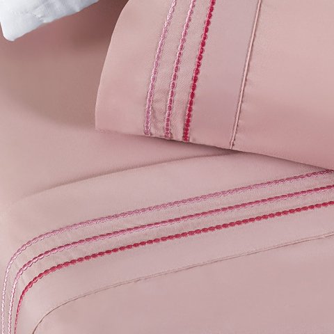 Jogo de Lençol Casal Yara Bordado 4 Peças Rosa