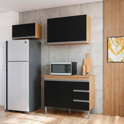 Conjunto Kit Cozinha Compacta Balcão Pia sem Tampo e 2 Armários Aéreos Geladeira Ajl Móveis
