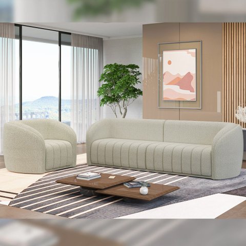Conjunto Sala de Estar Sofá 332cm 4 Lugares e Poltrona Adam Boucle Off White G45 - Gran Belo Conjunt