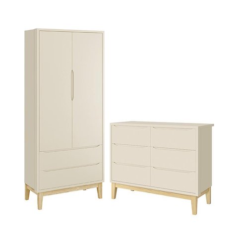 Jogo de Quarto Infantil Classic Guarda Roupa 2 Portas e Cômoda 6 Gavetas Areia Fosco com Pés