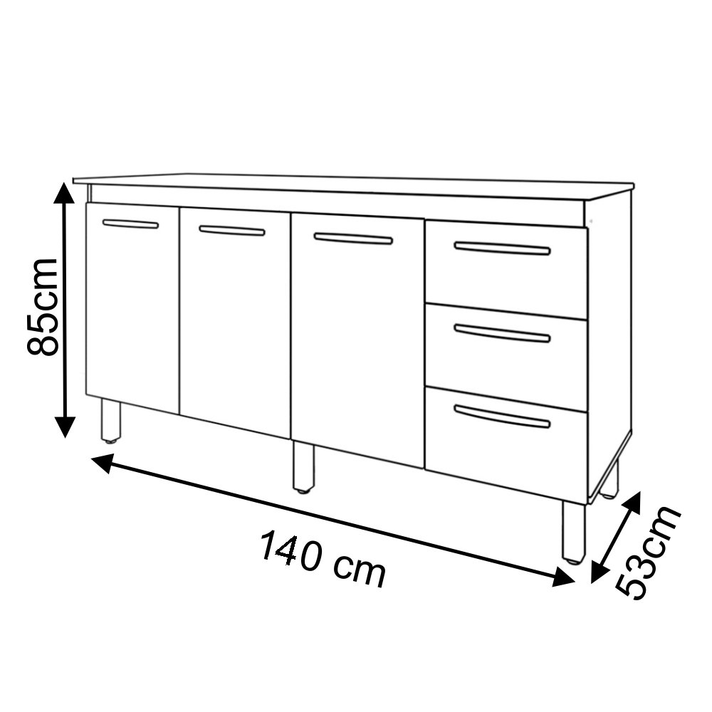 Balcão Gabinete Armário Cozinha Carine Savana Preto com Tampo Tampão 140 Cm Mobília Decor Preto - 5