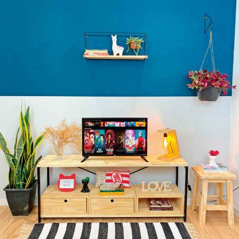 Rack de TV Industrial de Ferro e Madeira Style Square 2 Nichos de Gaveta e 1 Nicho Natural e Preto