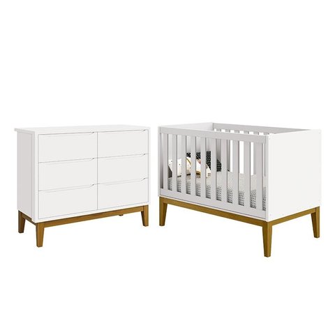 Jogo de Quarto Infantil Classic Cômoda 6 Gavetas e Berço Branco Fosco com Pés Amadeirado - Reller Mó