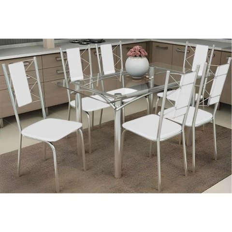 Conjunto: Mesa Sala Jantar Elba C/ Tampo de Vidro 120cm e 6 Cadeiras Lisboa Cromada - Courano Branco