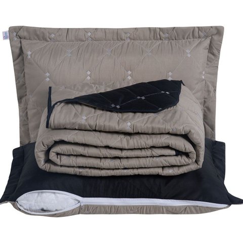 Kit 7 Pçs Cobre Leito Casal Queen Renove Hipercal 400 Fios Dupla Face Bordado: Cáqui e Preto