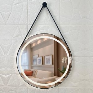 Espelho Adnet Couro Caramelo Jateado 60x60 3 Tons de Led Botão Touch + Pendurador, Fonte Slin