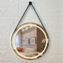 Ver imagem 2 de Espelho Adnet Couro Caramelo Jateado 60x60 3 Tons de Led Botão Touch + Pendurador, Fonte Slin